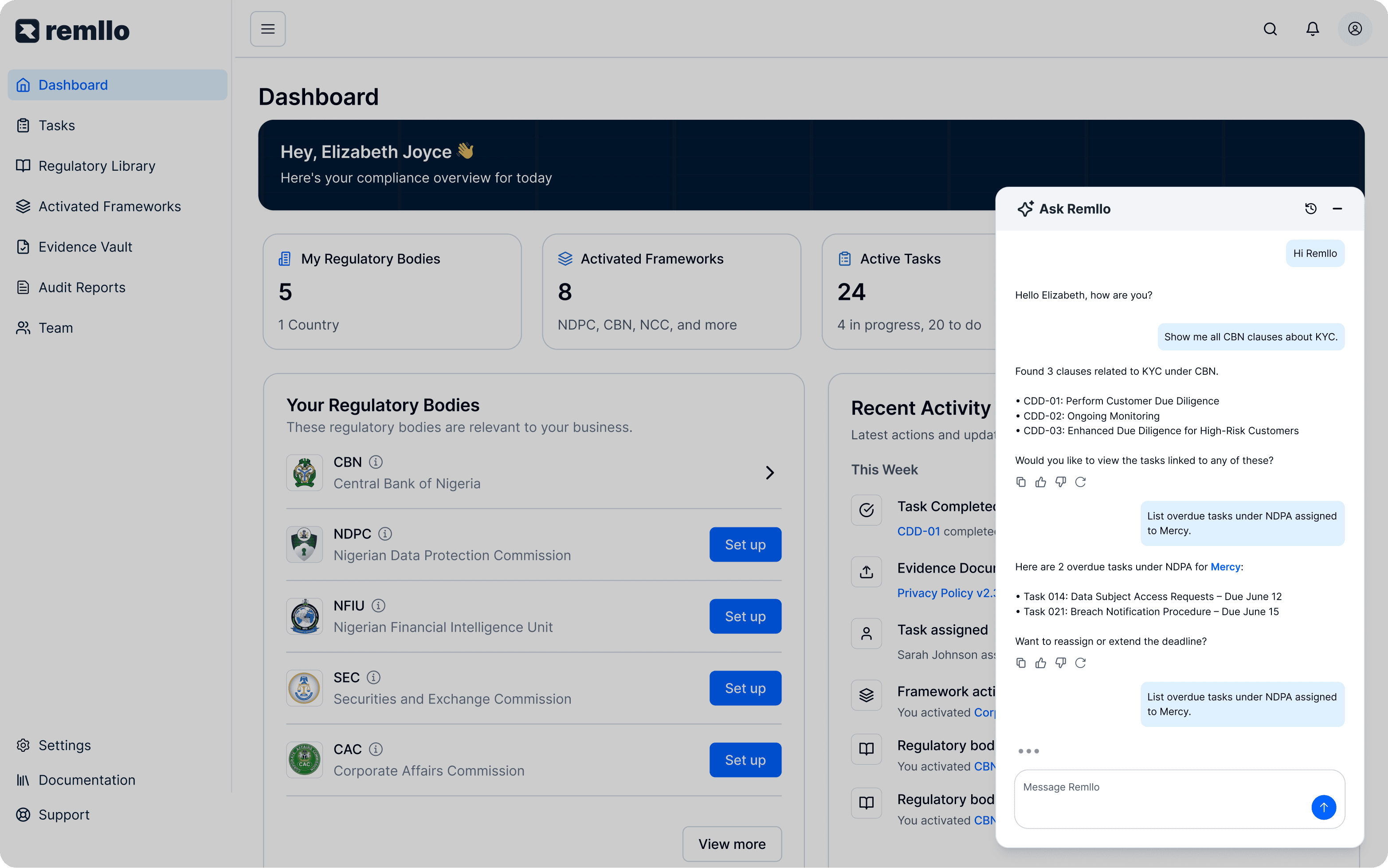 Ask Remllo AI assistant helping a compliance team find regulatory clauses and review overdue tasks