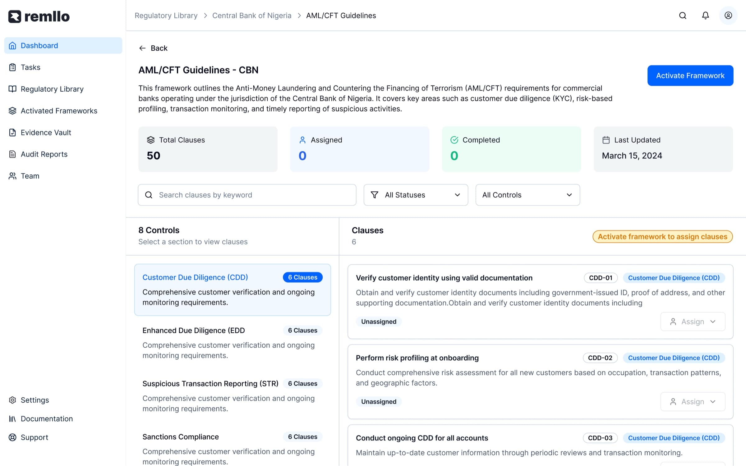 Remllo Compliance framework view showing AML and CFT controls, clauses, statuses, and task assignment