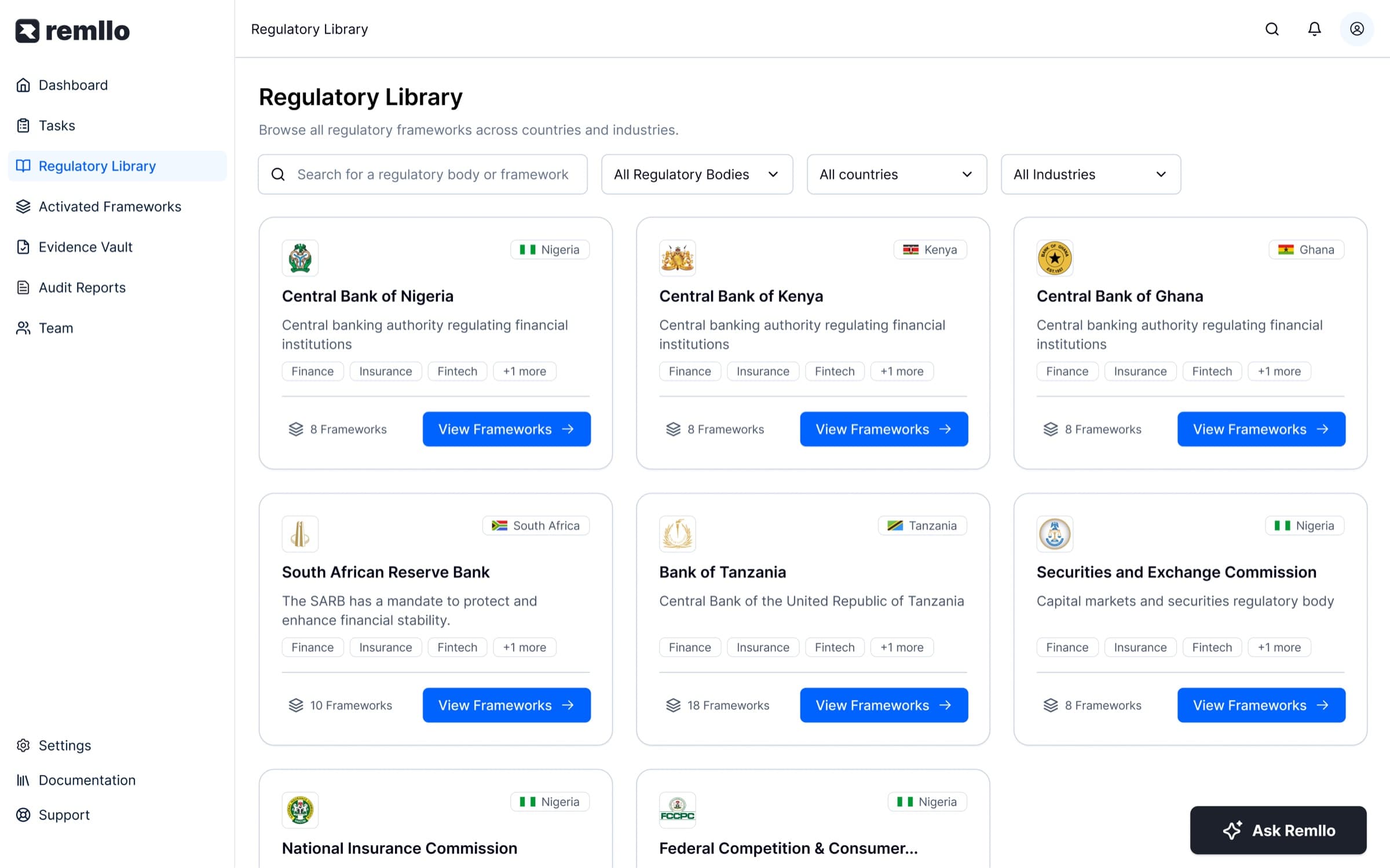 Remllo Compliance regulatory library showing regulatory bodies, countries, industries, and available frameworks