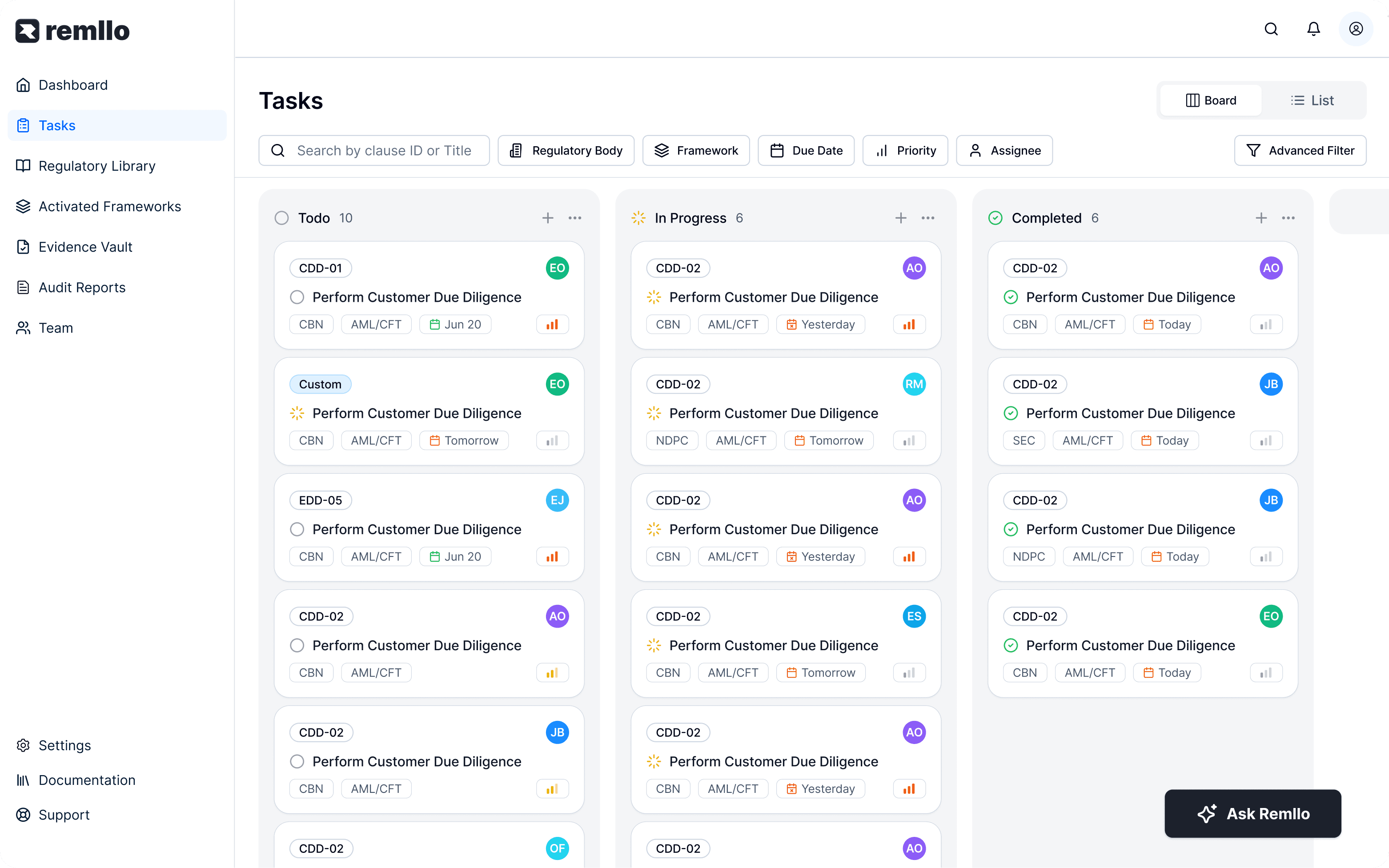 Remllo Compliance task board organized by status with owners, due dates, frameworks, and priority