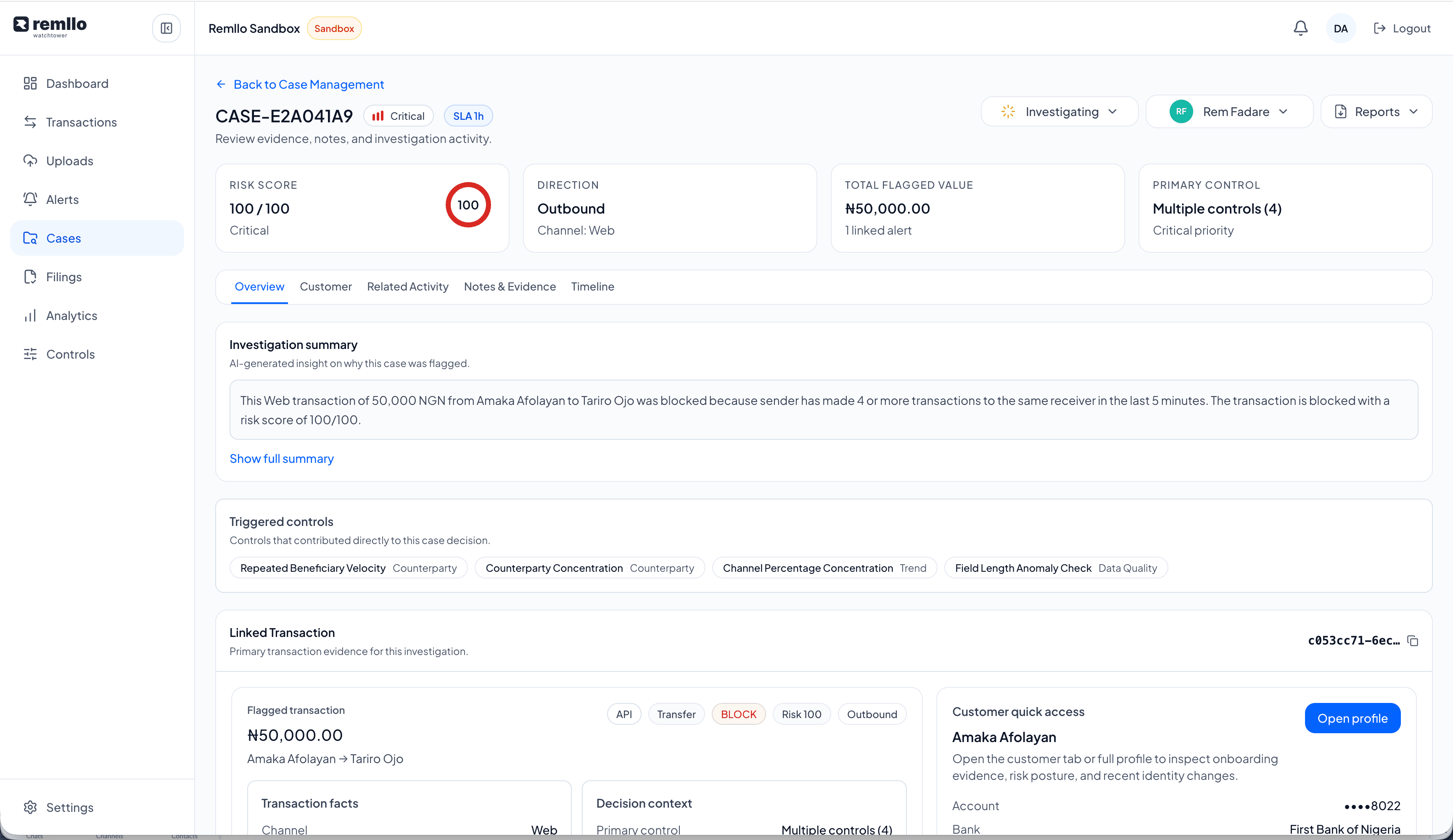 Watchtower case investigation view with risk score, decision context, evidence, and linked transaction details