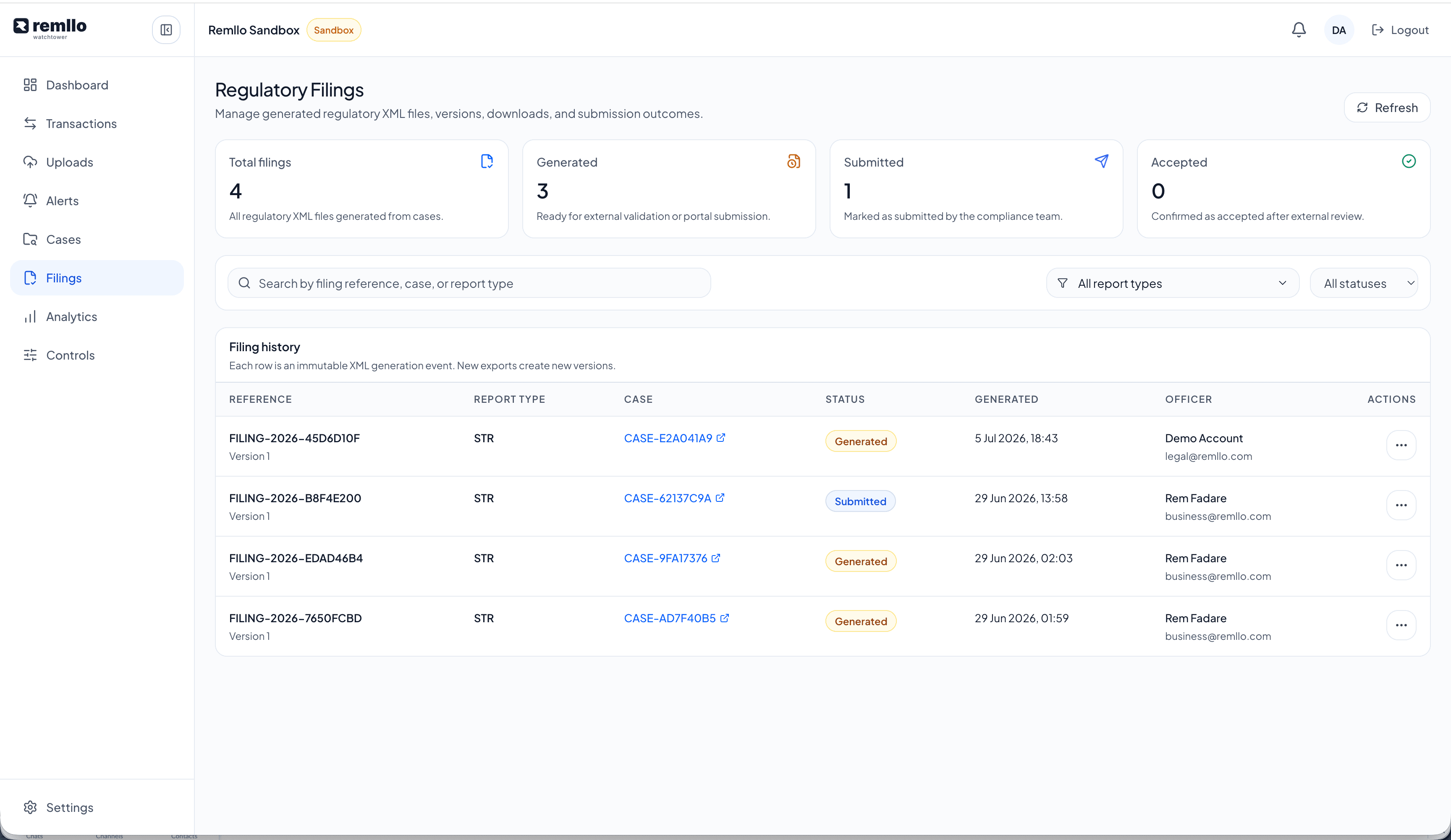 Watchtower regulatory filings view showing generated reports, statuses, versions, and submission history
