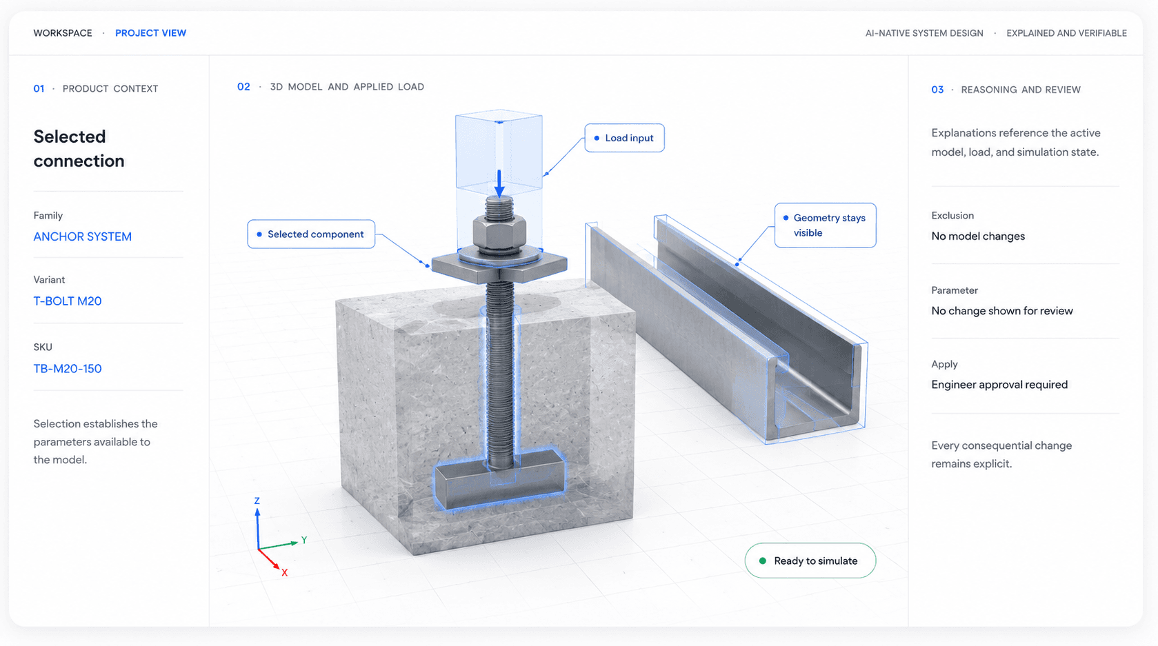 Clariti project workspace showing a selected anchor connection, applied load, contextual model annotations, and engineer review requirements