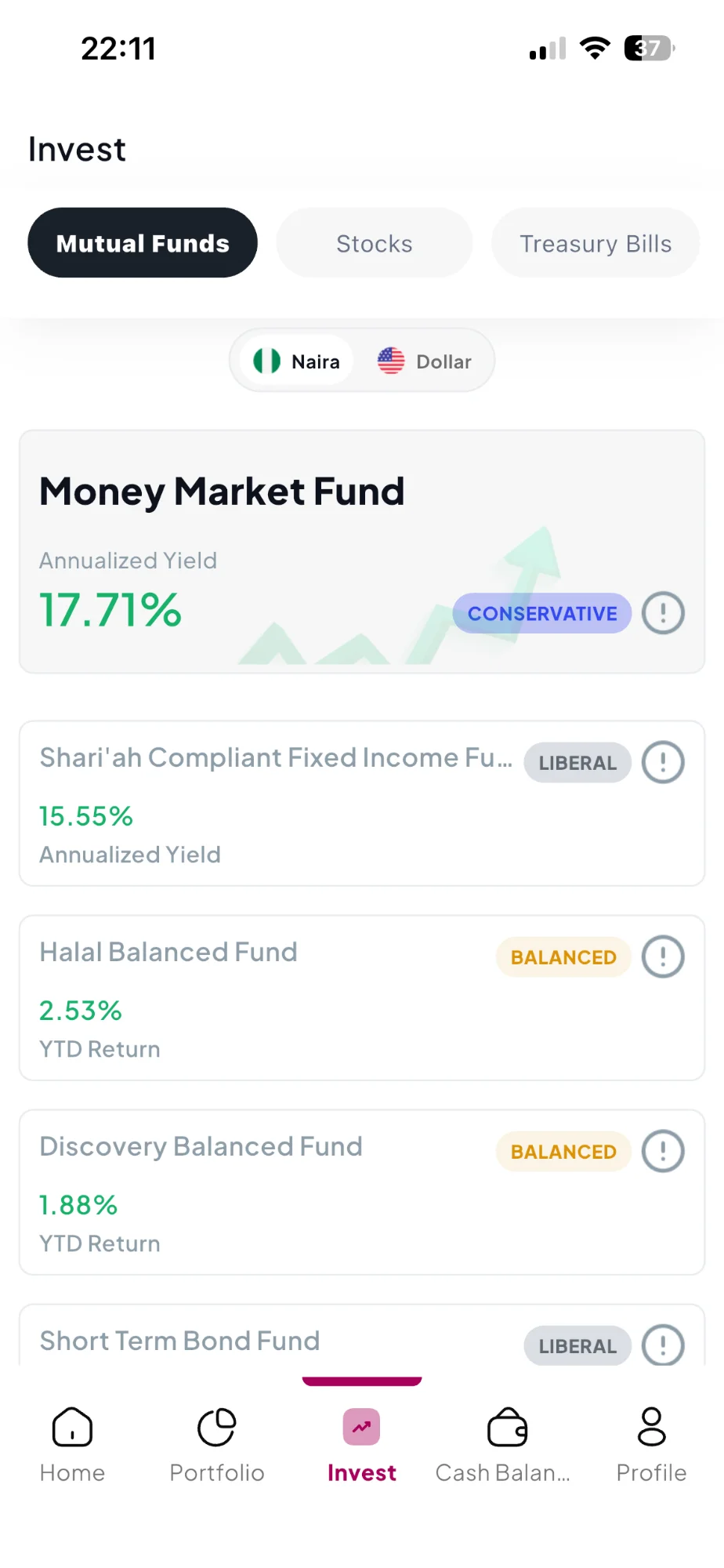 ARM One investment list using conservative, liberal, and balanced labels