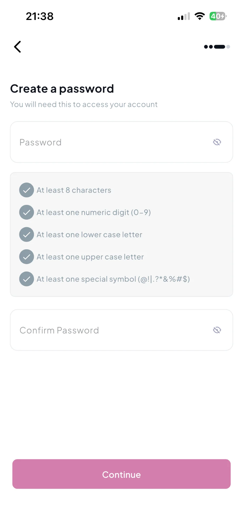 ARM One password screen with low-contrast requirement indicators