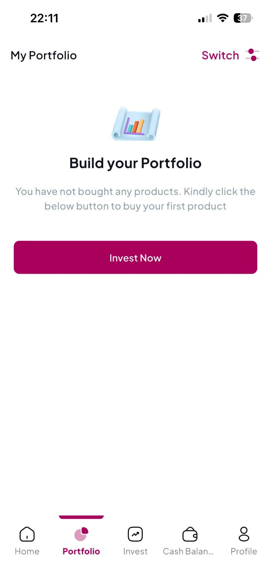 ARM One empty portfolio screen with an Invest Now action