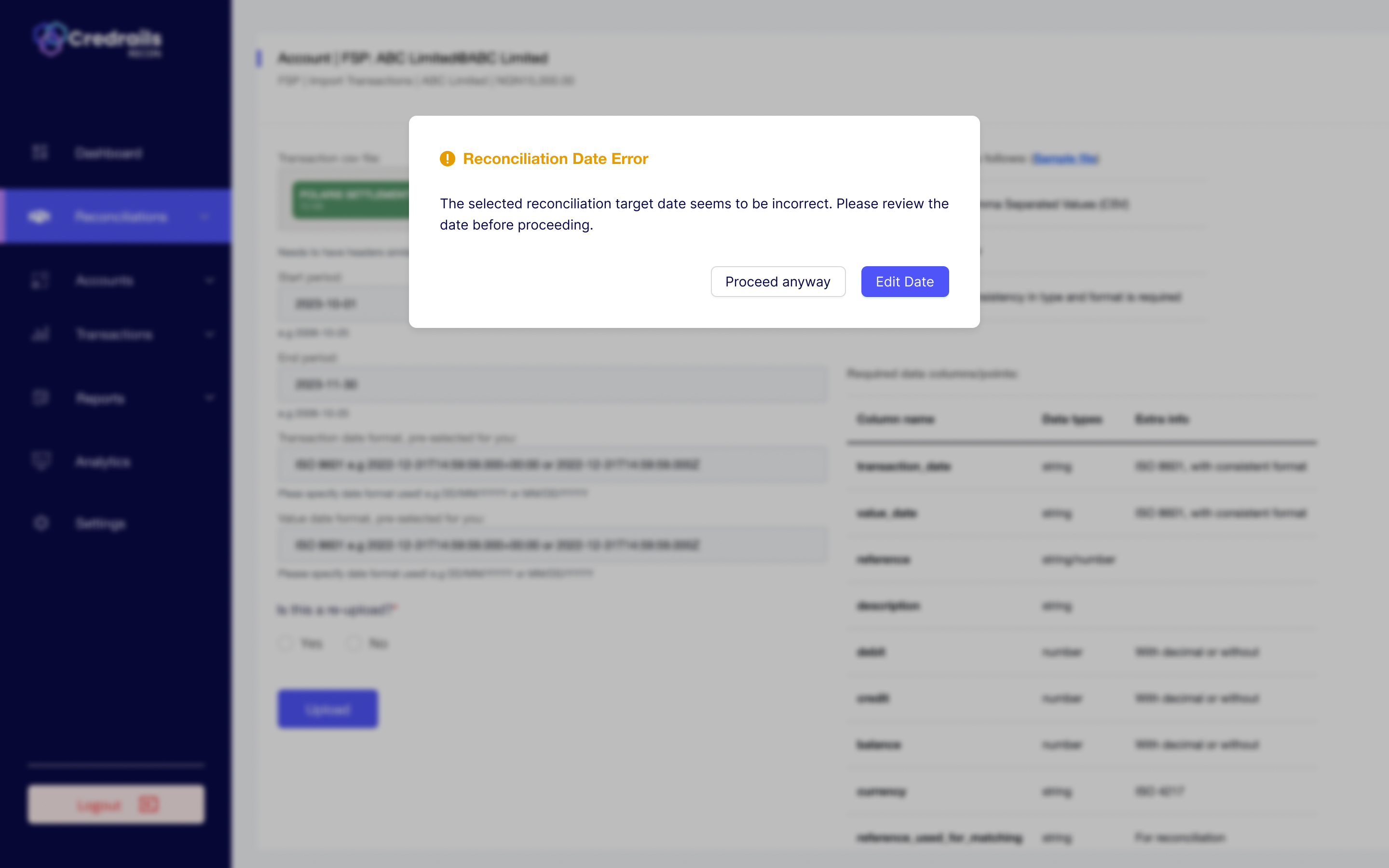 Reconciliation date error dialog offering options to edit the date or proceed