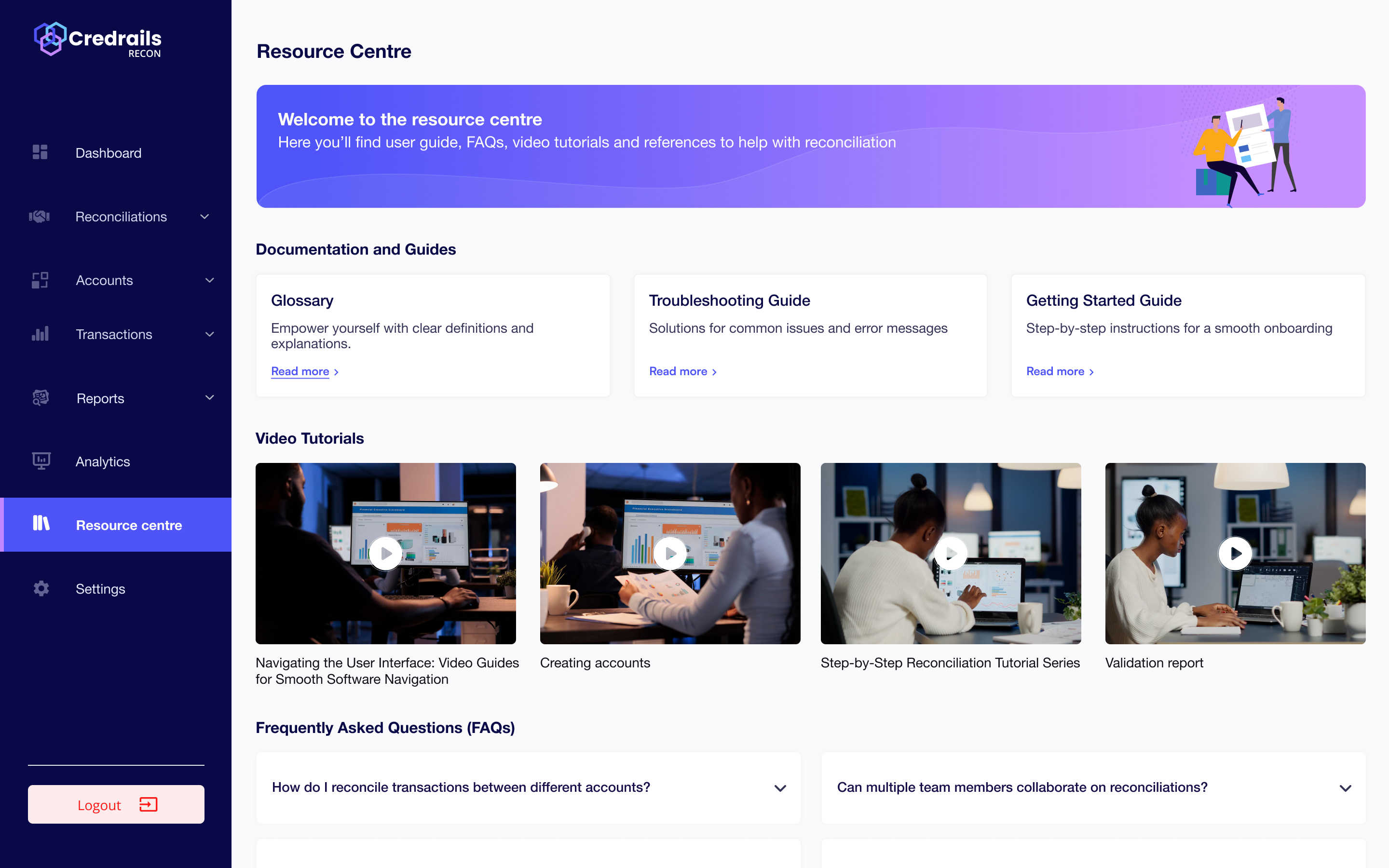 Credrails resource centre with documentation, guides, tutorials, and frequently asked questions