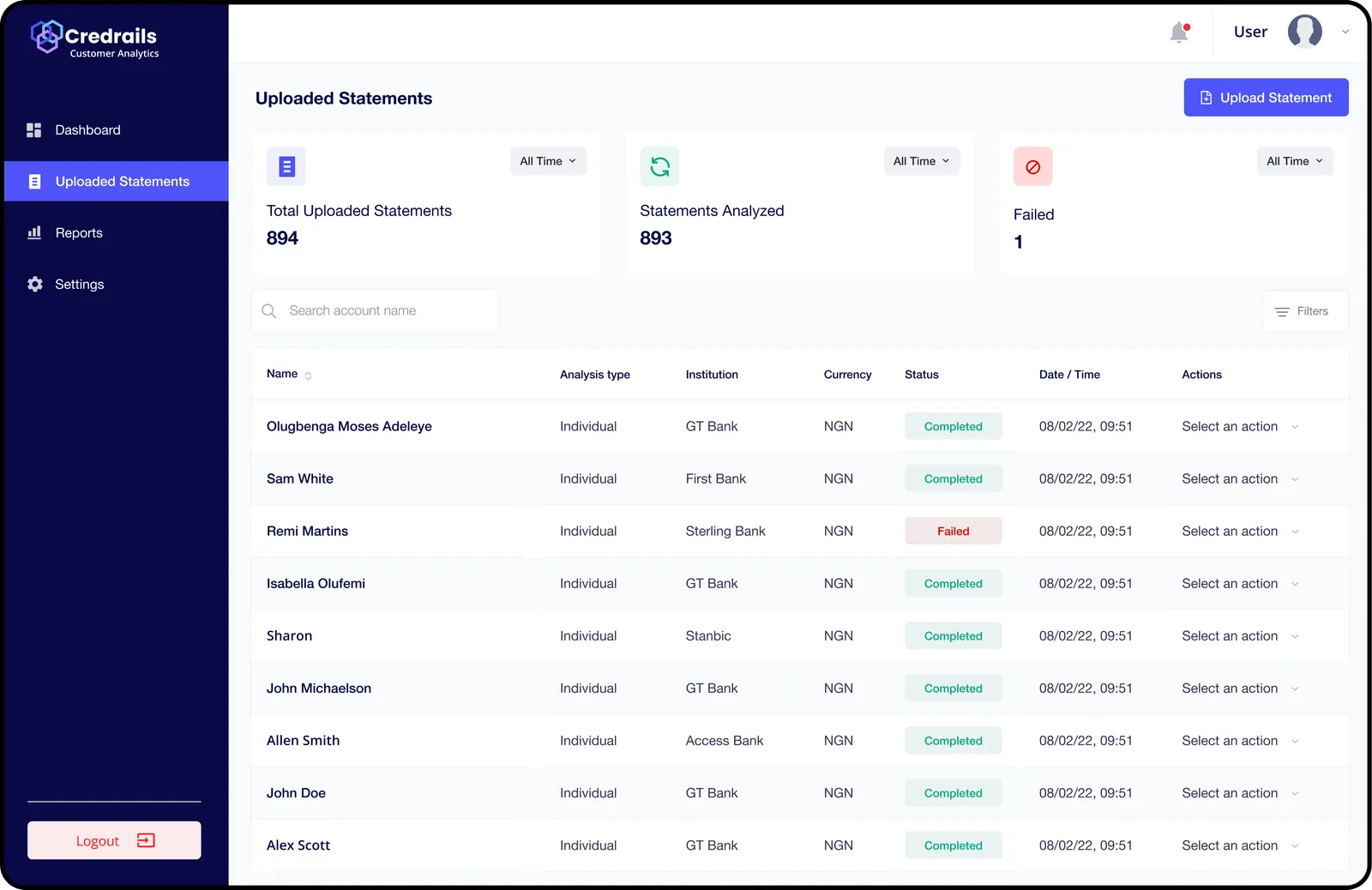 Bank statement management interface
