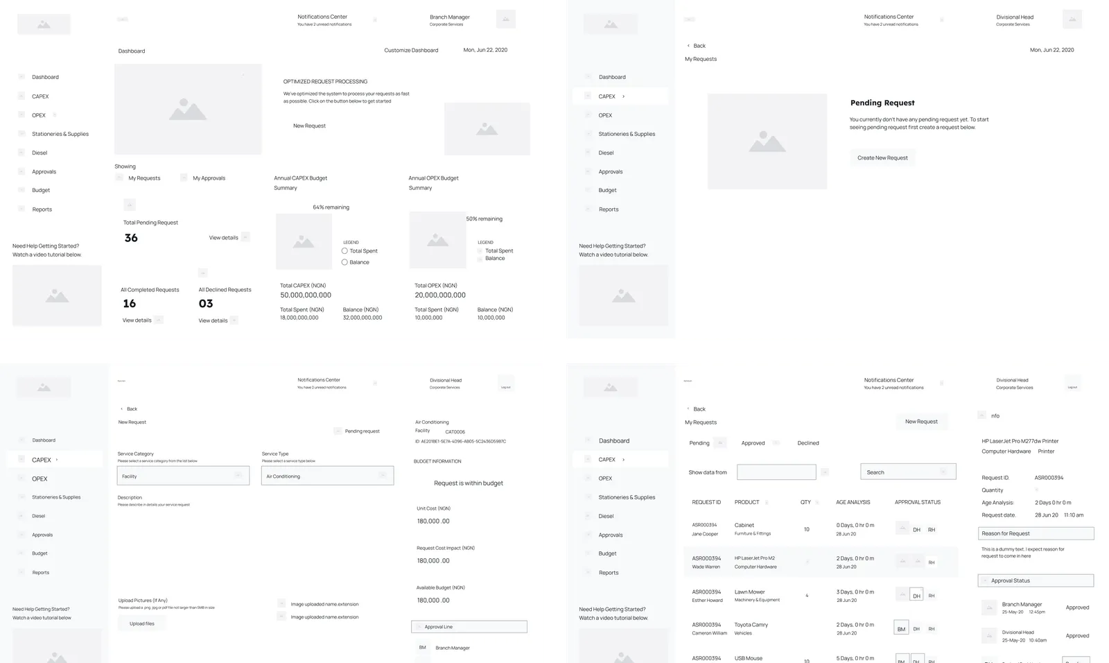 Procurement platform wireframes